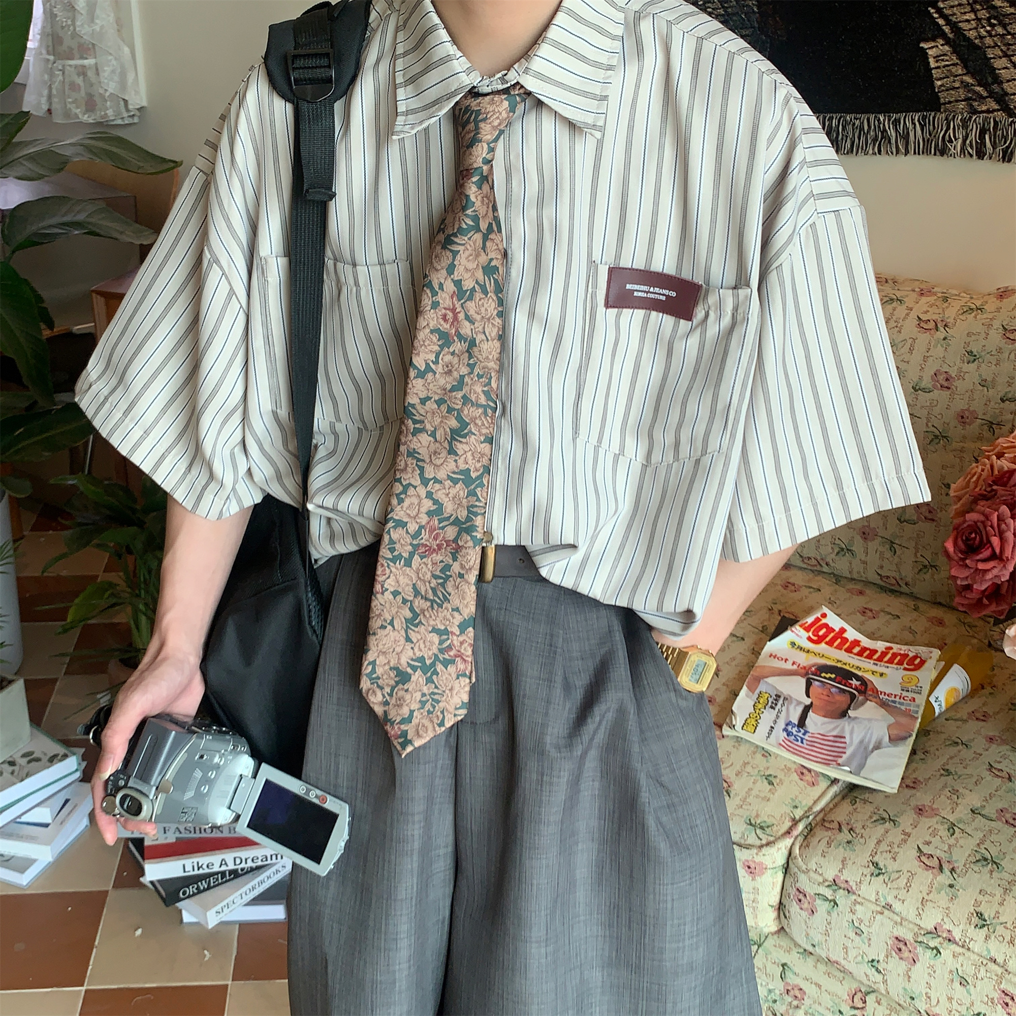 C2自制宽松日系复古纽扣短袖