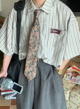 C2自制/日系复古竖条纹宽松短袖衬衫2025夏季宽松潮流简约衬衣ins