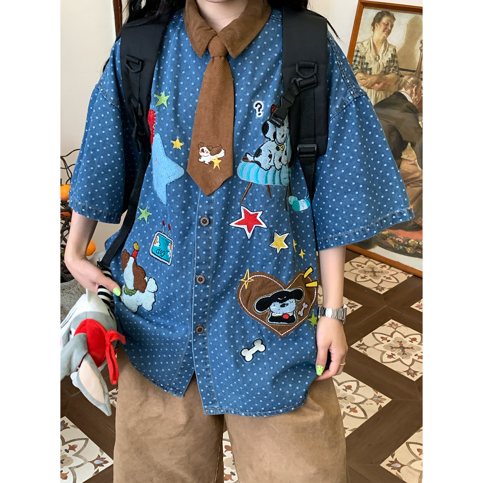 C2自制/美式复古小狗刺绣波点牛仔短袖衬衫男女同款宽松百搭上衣