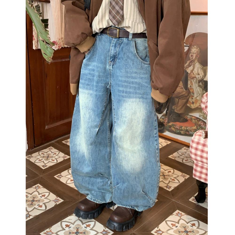 C2自制/弯刀阔腿百搭牛仔裤高腰侧边压褶做旧长裤男女廓形宽松裤