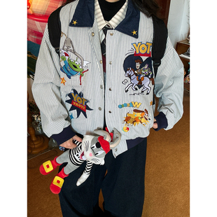 新款 卡通风条纹刺绣夹克2026春季 女百搭宽松翻领外套 美式 C2自制