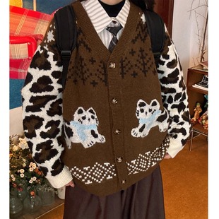 C2自制/秋冬棕色复古豹纹卡通针织开衫男女同款v领毛衣马甲外套潮