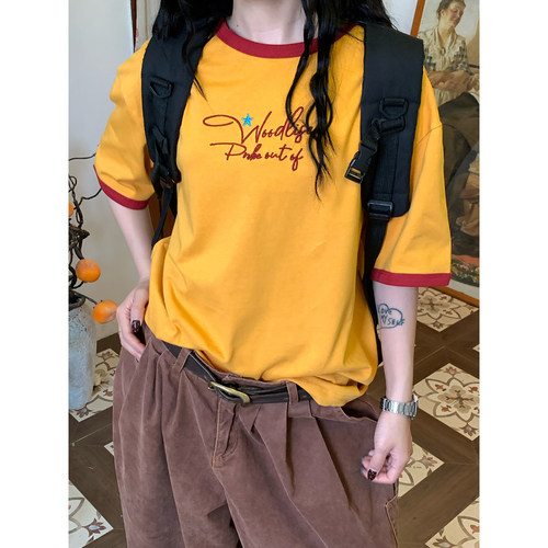 C2自制/美式撞色领字母印花短袖T恤男女宽松简约百搭夏季新款上衣