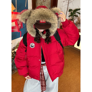 保暖派克服外套 新款 C2自制 小熊耳朵连帽棉服男女可拆卸毛领冬季