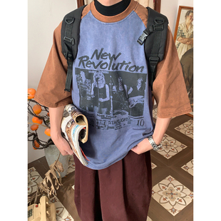 圆领印花撞色插肩袖 C2自制 T恤男女同款 复古短袖 显瘦百搭上衣 美式