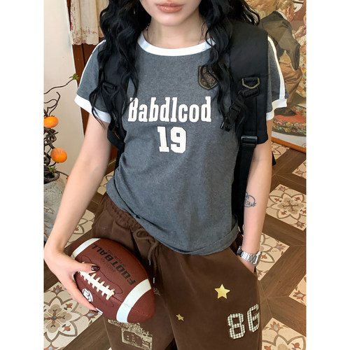 C2自制/美式复古辣妹风夏季新款短袖T恤女修身显瘦字母印花上衣潮