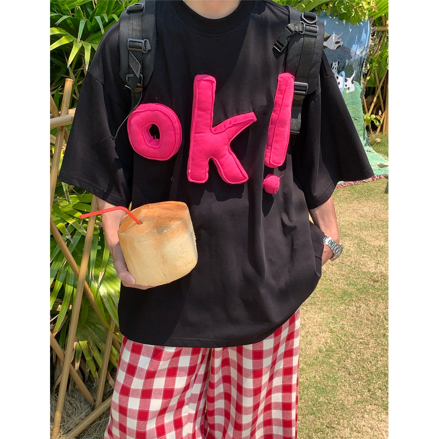 C2自制/美式复古立体OK字母印花短袖t恤女夏季宽松小众高街半袖潮