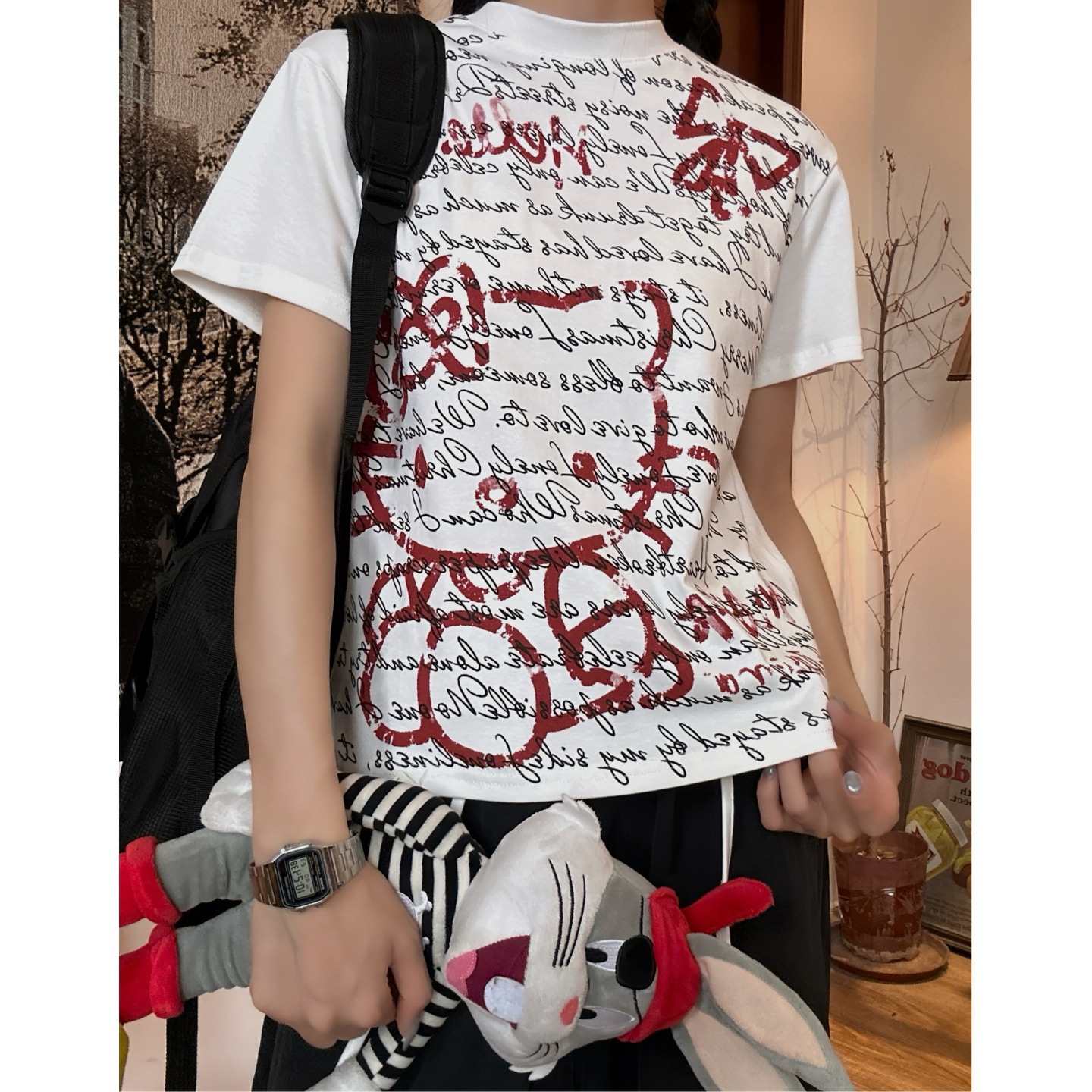 C2自制/美式复古kitty印花短袖T恤女夏季慵懒风正肩辣妹修身上衣