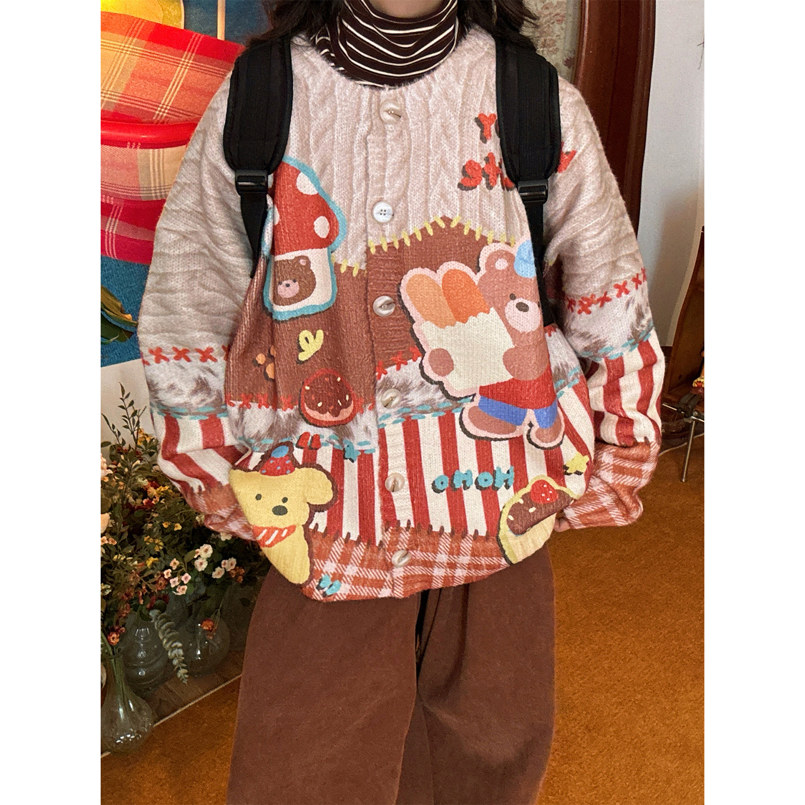 【新品买二送一】秋冬款日系小熊印花圆领宽松休闲开衫毛衣外套女