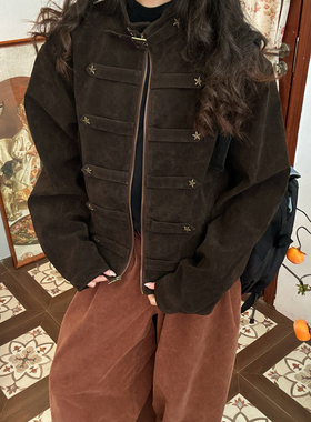 C2自制/美式复古立领工装夹克春季新款女短款多口袋星星装饰外套