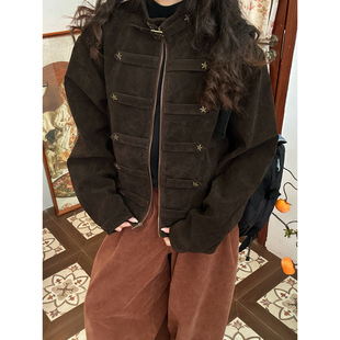 C2自制/美式复古立领工装夹克春季新款女短款多口袋星星装饰外套