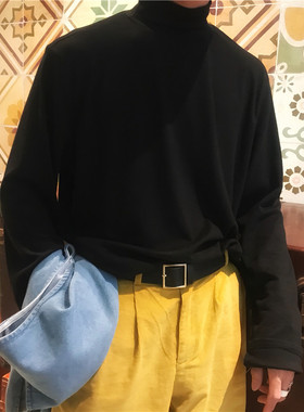 C2自制 /25春秋装港风复古小高领万年打底T纯色百搭宽松T恤男女潮