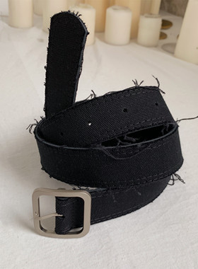 C2自制/毛须边布腰带原宿ins简约百搭系腰带黑色韩版搭扣男女同款