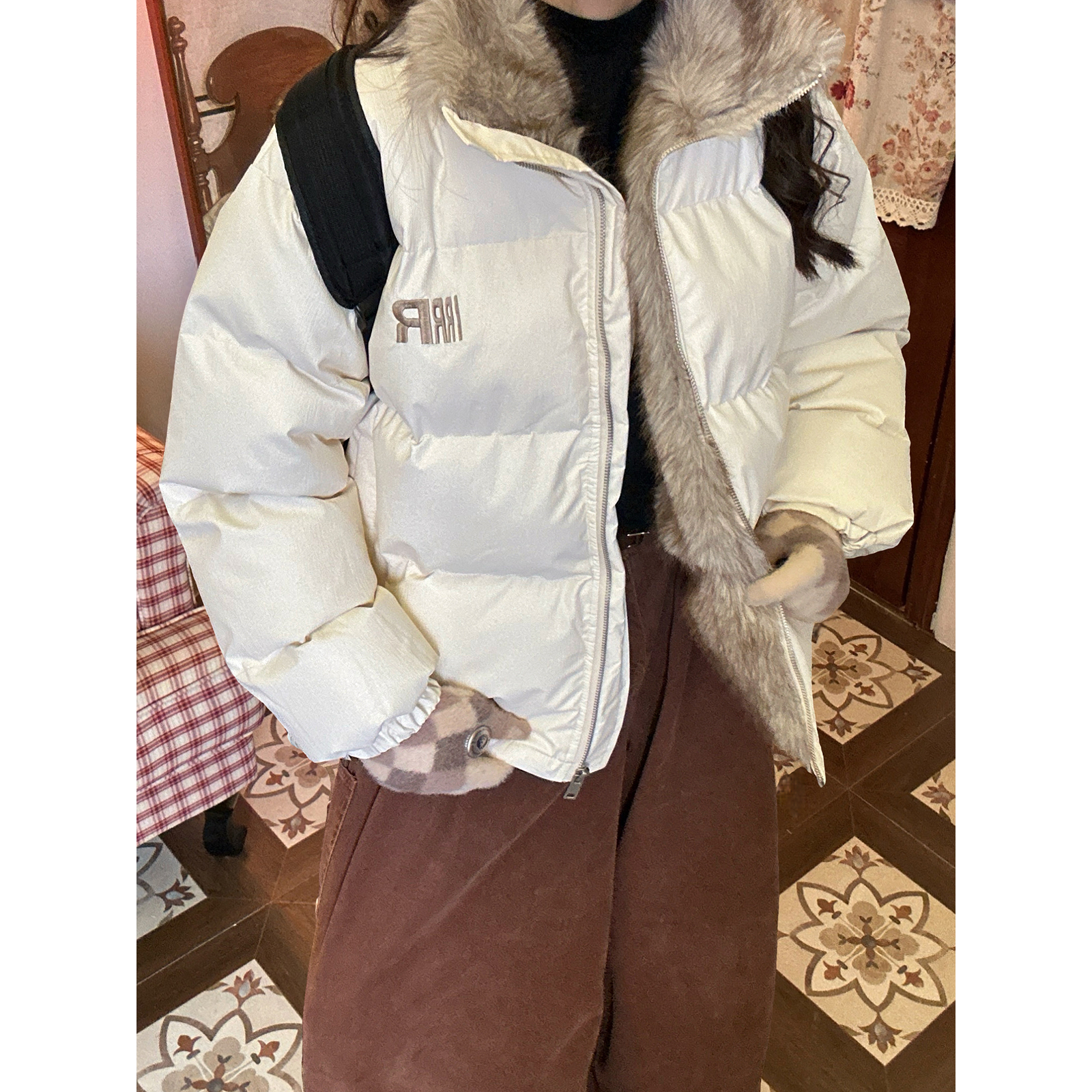 【新品买二送一】复古拼接羊羔毛翻领棉服女冬季加厚保暖棉衣外套