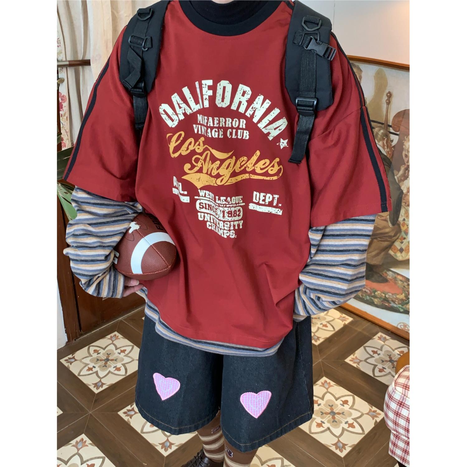 C2自制/美式复古假两件长袖T恤衫字母做旧印花圆领打底上衣情侣潮