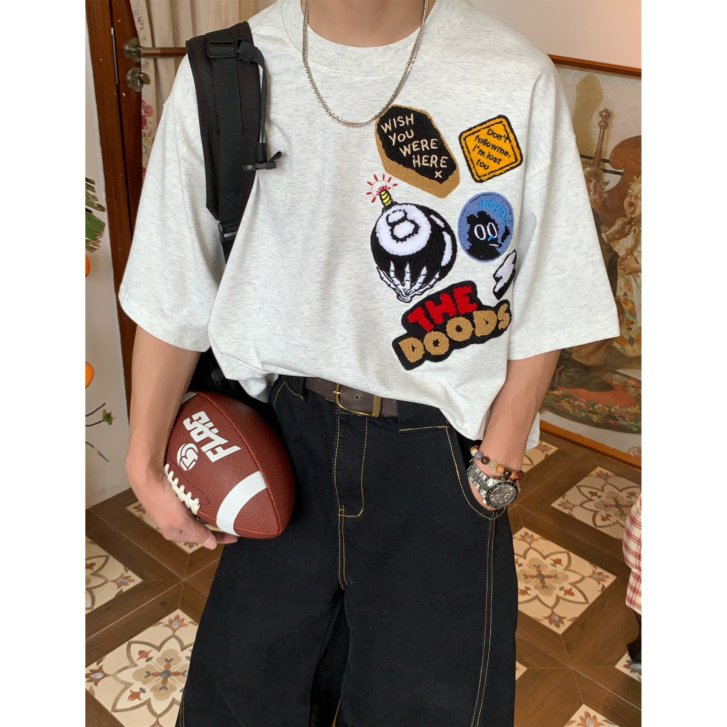 C2自制/美式复古字母毛巾刺绣短袖T恤男女夏百搭打底圆领潮牌上衣