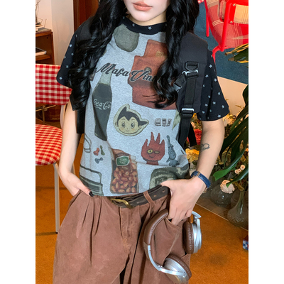 C2自制/美式卡通印花短袖T恤女宽松百搭撞色插肩袖上衣夏季新款潮