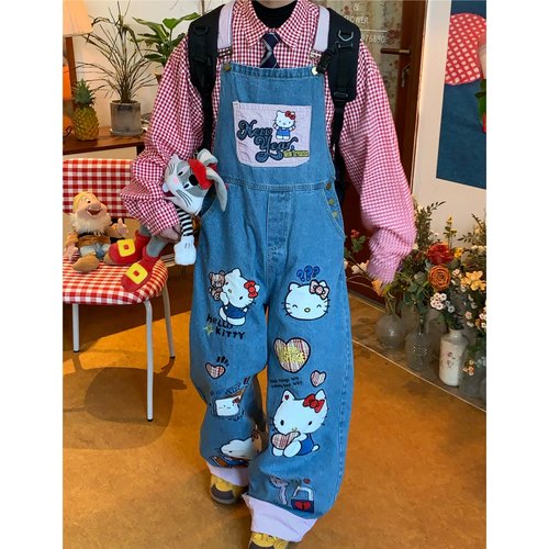 C2自制/卡通kitty猫减龄牛仔背带裤男女秋季新款宽松连体阔腿长裤