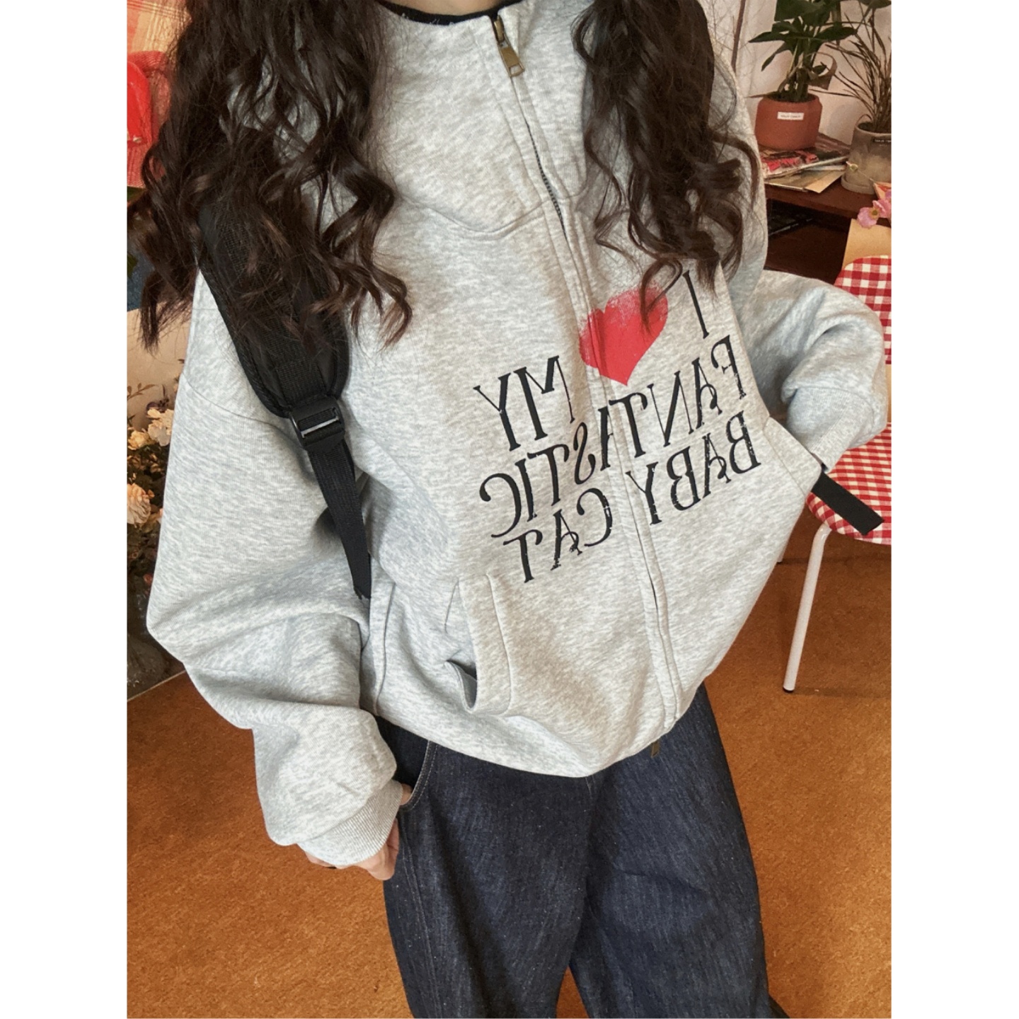 C2自制/美式复古爱心字母印花开衫卫衣男女同款秋宽松连帽短外套