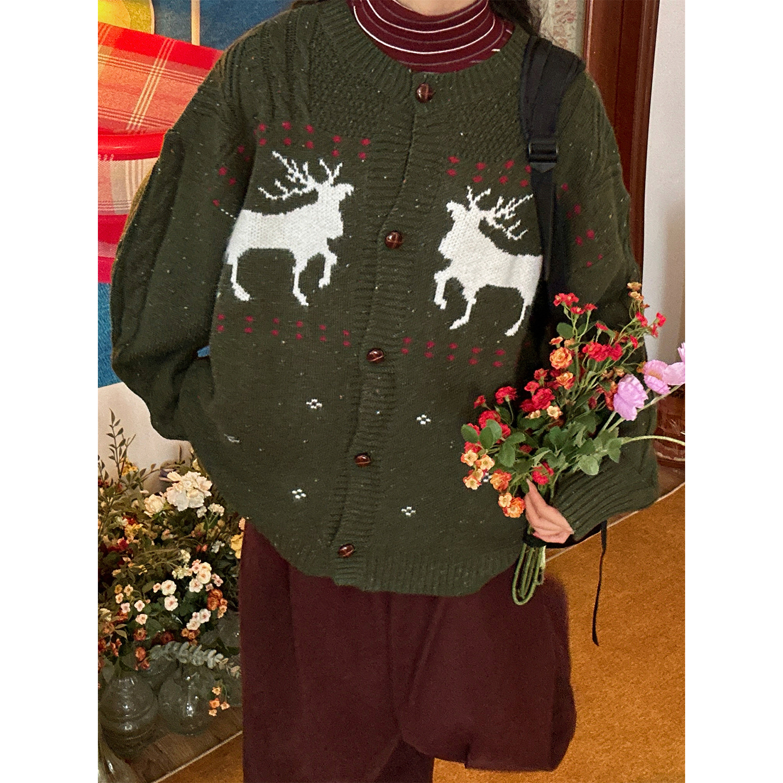 C2自制/复古感麋鹿提花针织开衫男女同款秋冬新款针织衫毛衣上衣