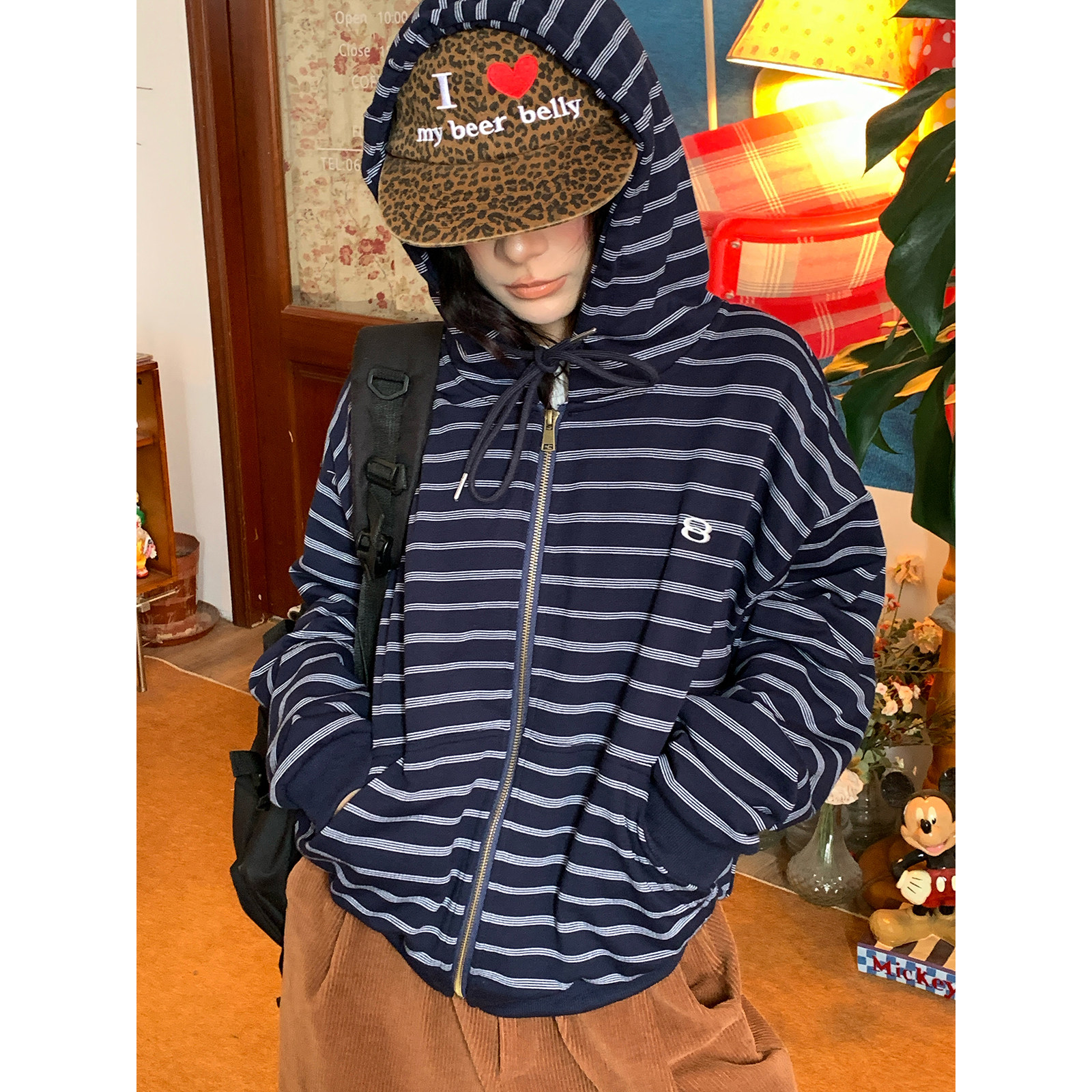 C2自制/美式复古条纹连帽拉链开衫卫衣男女同款宽松休闲上衣外套