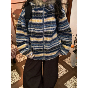 立领保暖外套 棉服男女冬款 C2自制 条纹撞色大毛领连帽双面穿工装