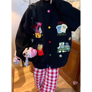 C2自制/2025秋冬卡通贴布绣开衫毛衣女宽松bf美式学院风针织外套