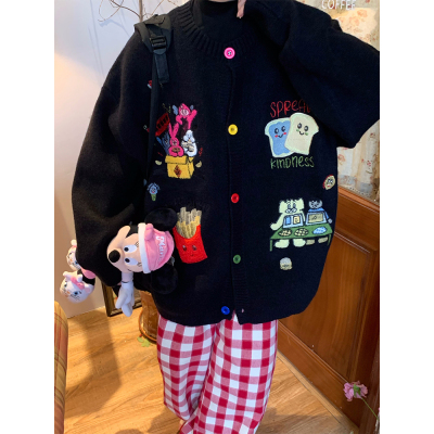 卡通贴布绣开衫毛衣女宽松