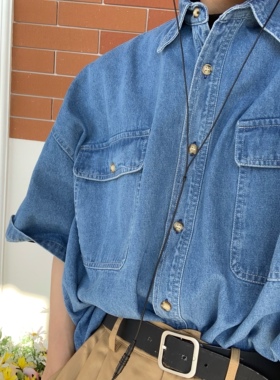 C2自制/复古港风水洗简约牛仔短袖衬衫潮夏装2024新款百搭衬衣ins