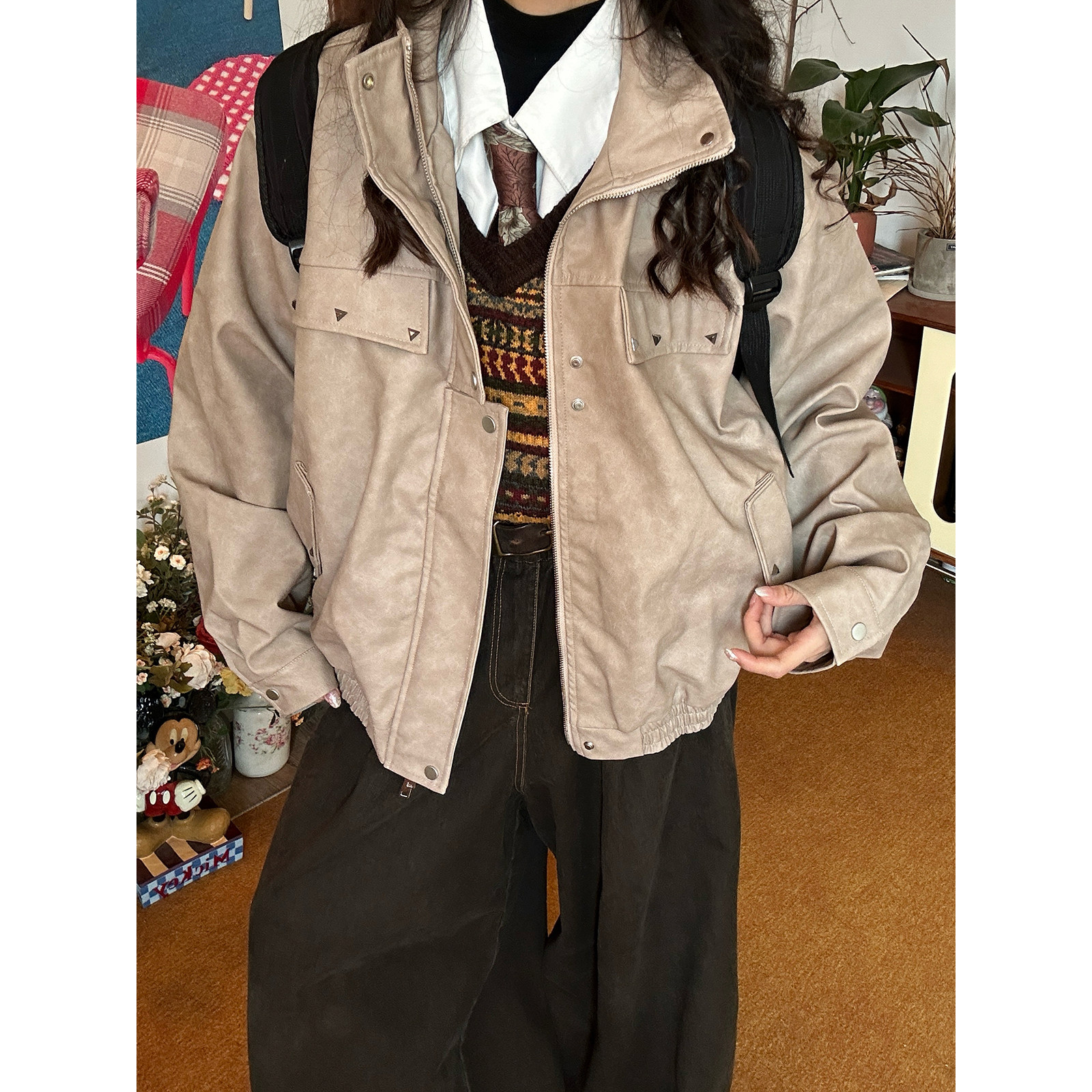 【新品买二送一】美式复古立领皮衣女短款工装风多口袋夹克外套,女装/女士精品,皮衣,淘宝优惠券,粉丝福利购,淘宝优惠卷