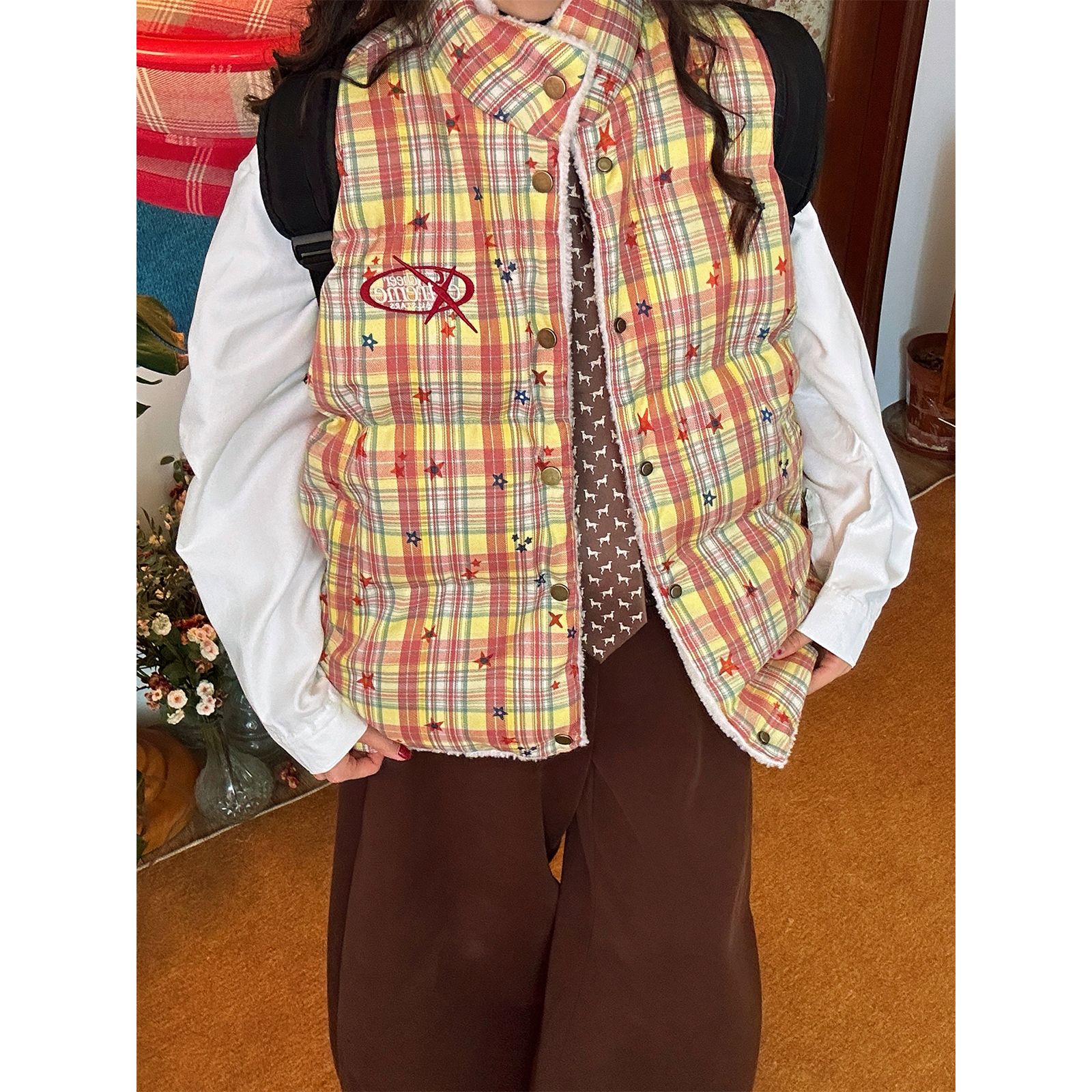 C2自制/复古彩绘星星双面穿羊羔毛棉服马甲男女同款秋冬新款外套