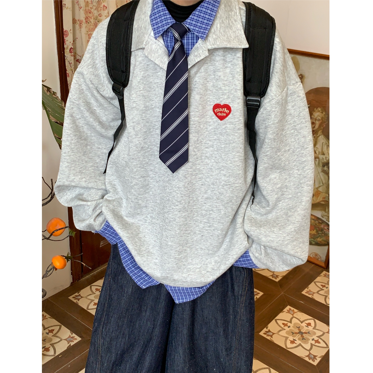 C2自制/美式复古爱心刺绣假两件格子卫衣男女同款休闲宽松上衣潮