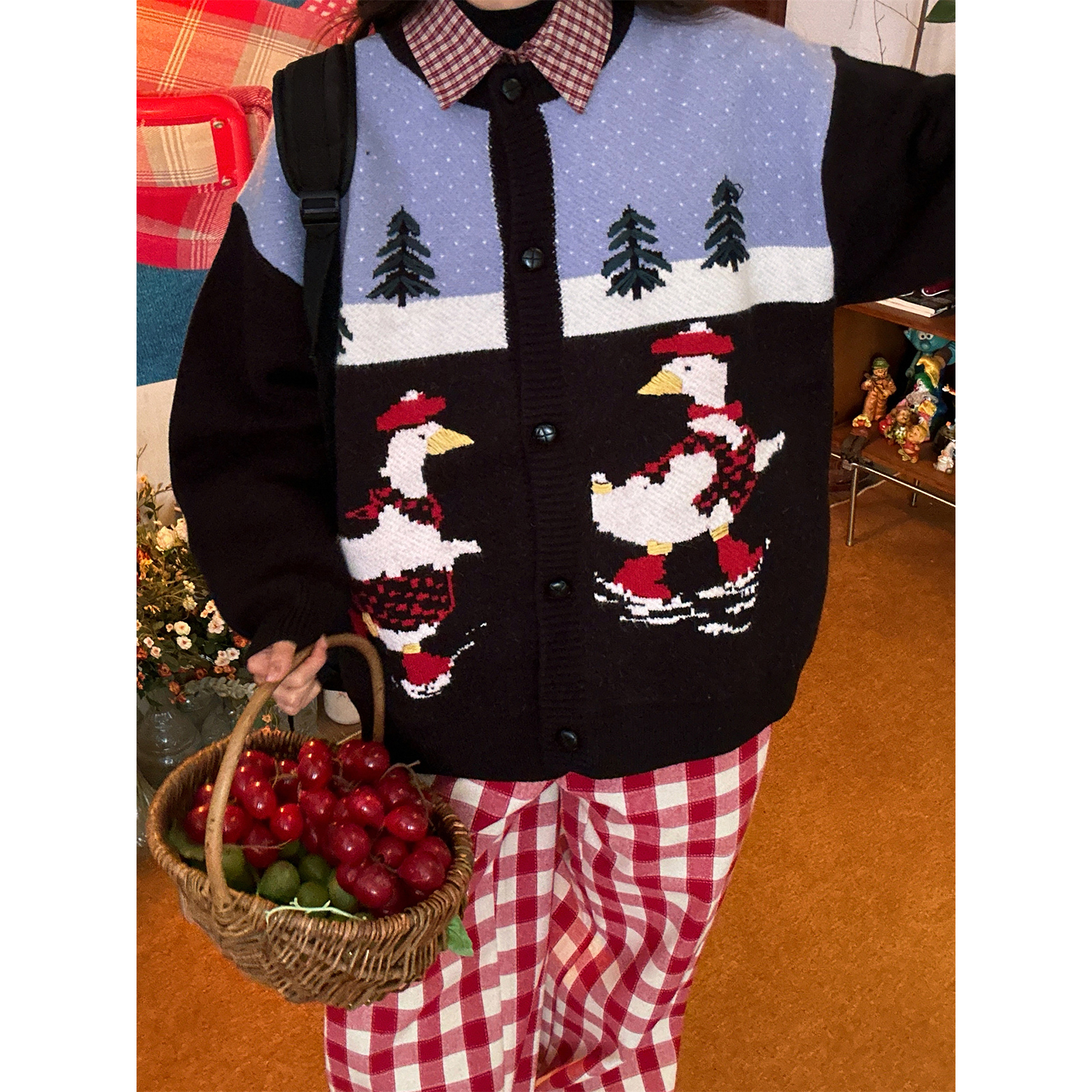 C2自制/复古卡通小鸭子提花针织开衫男女同款秋冬新款毛衣外套潮