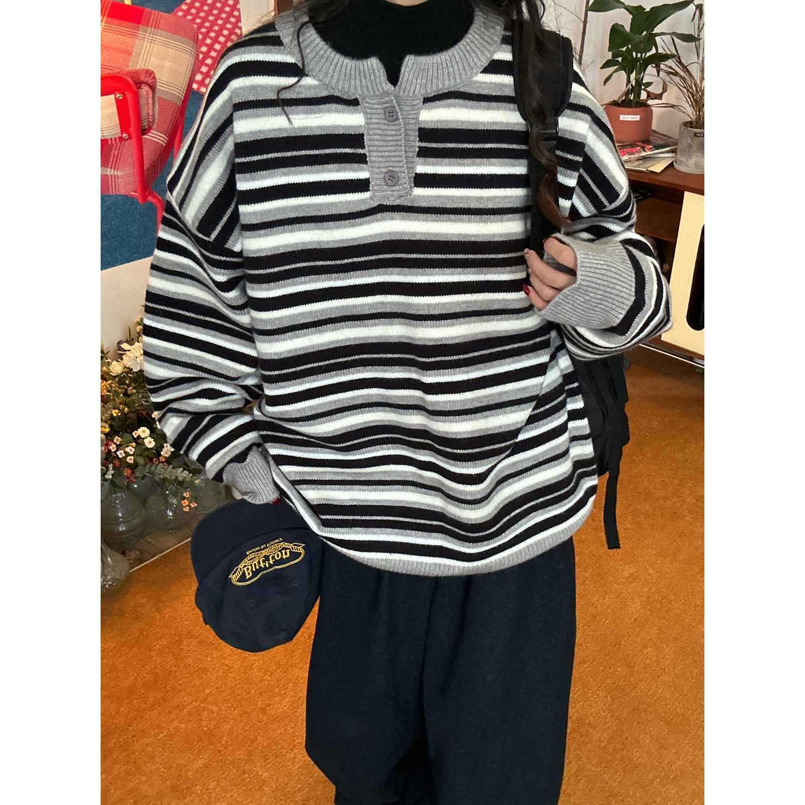 C2自制/亨利领条纹毛衣男女同款秋季新款慵懒风宽松针织衫上衣潮