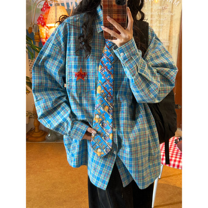 C2自制/复古百搭星星刺绣长袖衬衫男女同款秋季宽松格子百搭上衣