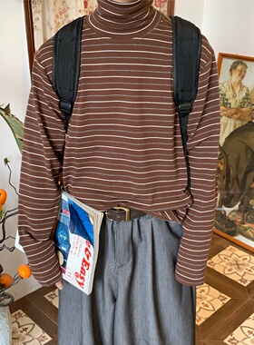 C2自制/美式复古条纹高领长袖T恤男女同款秋款修身休闲百搭上衣潮