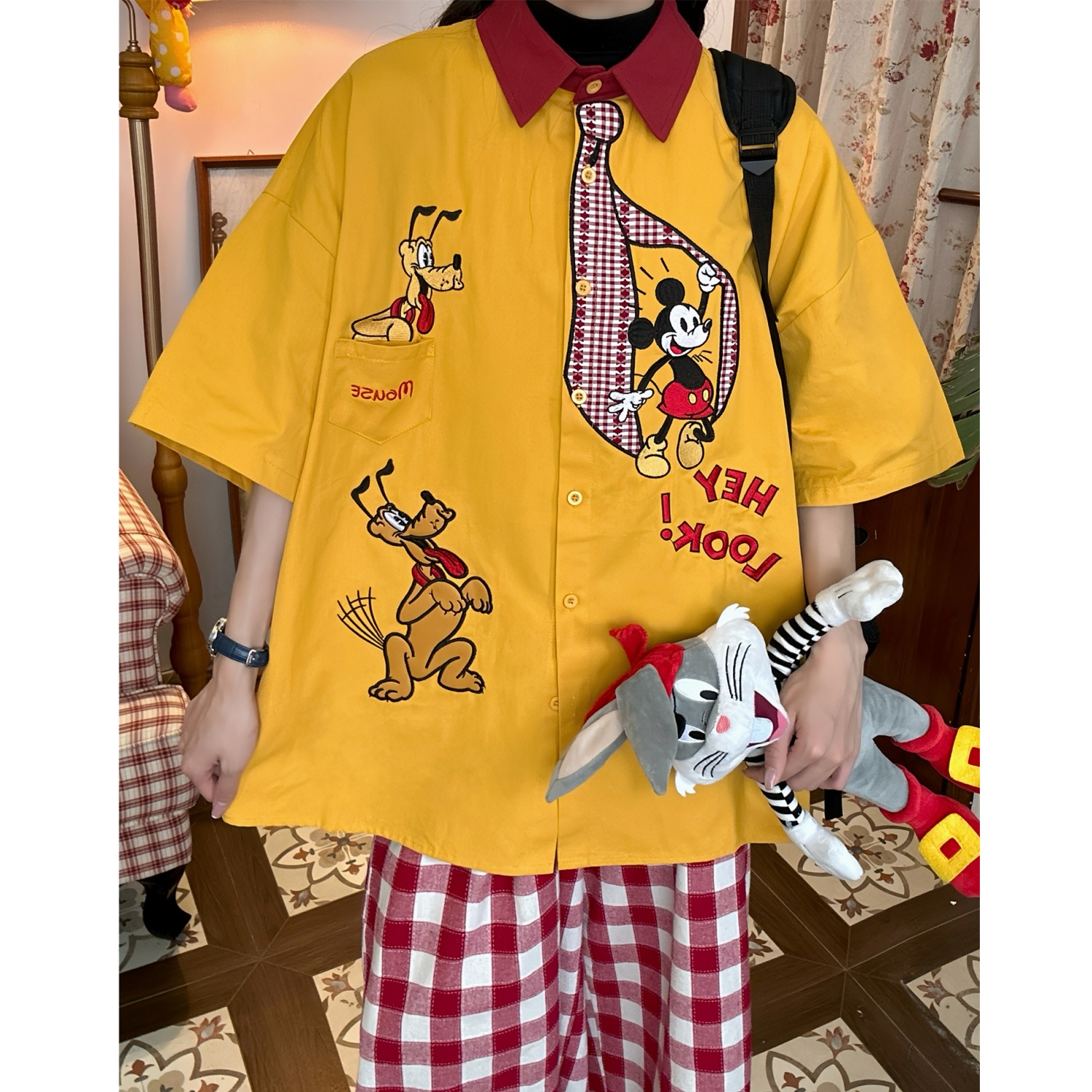 可爱米奇卡通刺绣拼接短袖衬衫