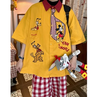 C2自制/美式可爱米奇卡通刺绣拼接短袖衬衫情侣日系慵懒风衬衣潮