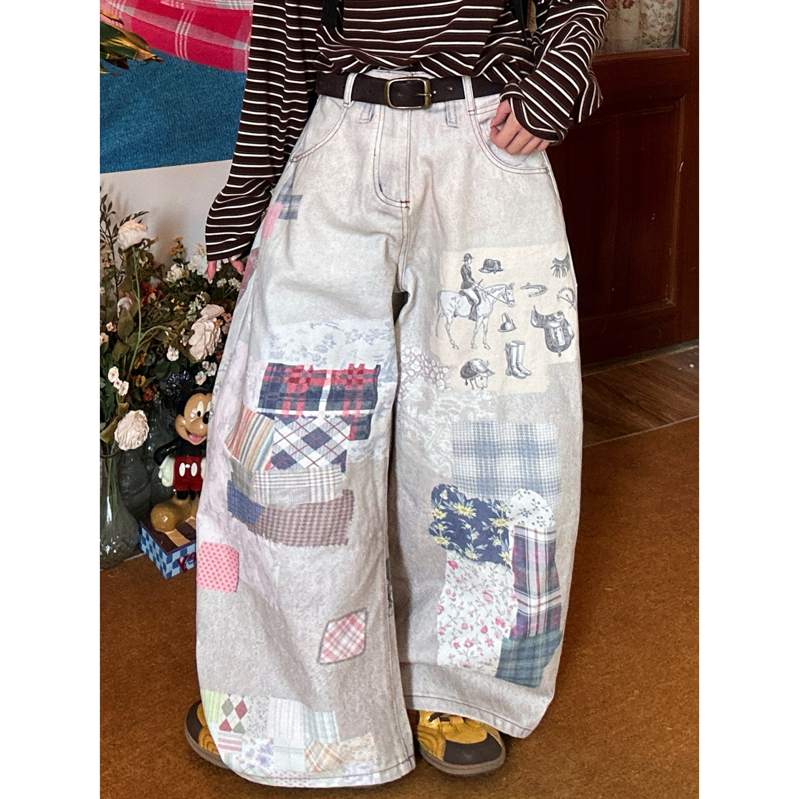 【新品买二送一】复古印花拼接牛仔裤女宽松阔腿高级感百搭休闲裤,女装/女士精品,牛仔裤,淘宝优惠券,粉丝福利购,淘宝优惠卷