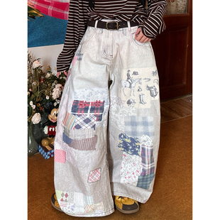 女宽松阔腿高级感百搭休闲裤 C2自制 新款 春季 复古印花拼接牛仔裤