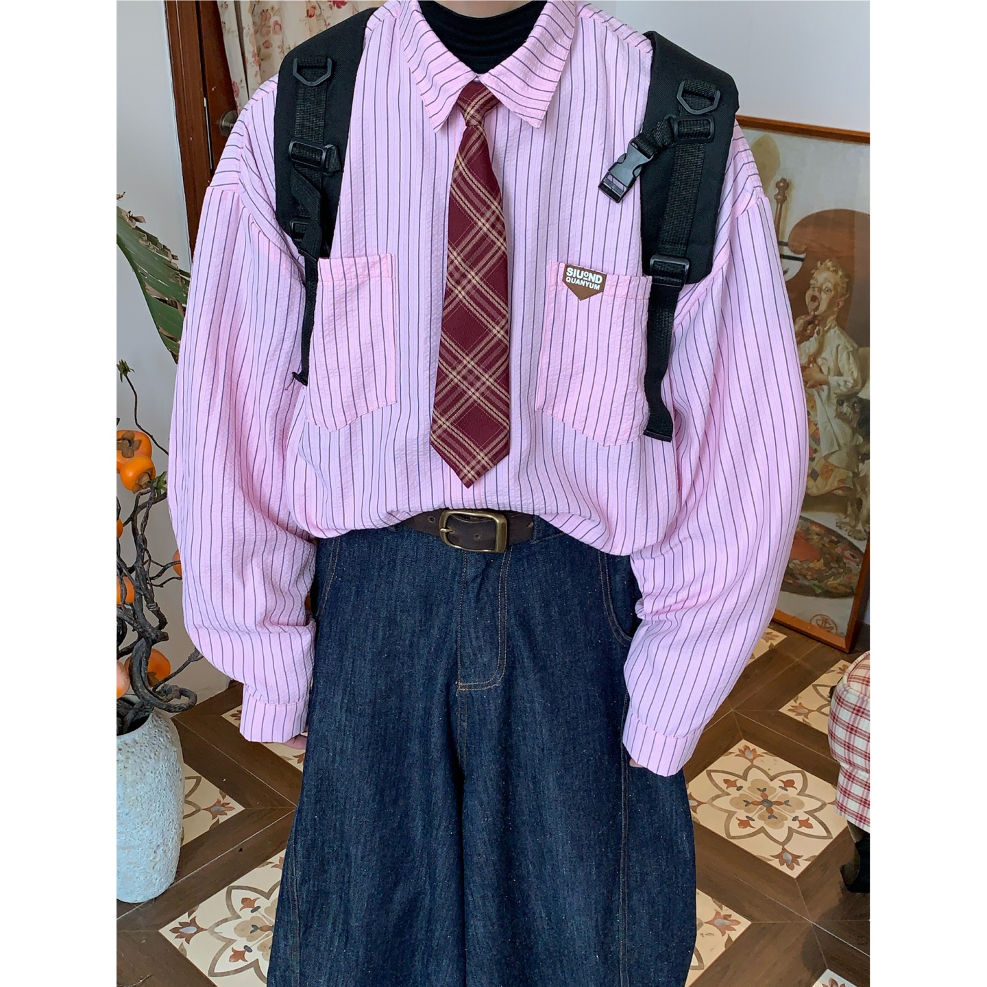 C2自制/日系复古竖条纹领带长袖衬衫秋季新款百搭情侣休闲衬衣潮