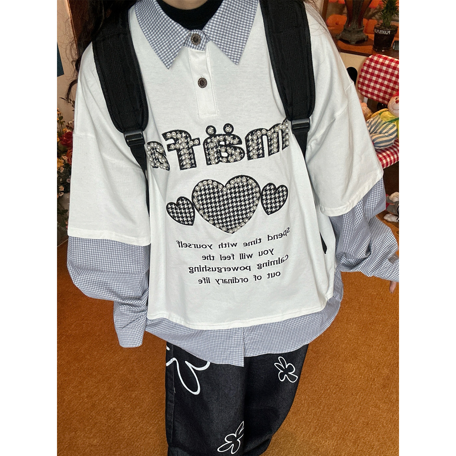 C2自制/珍珠字母假两件长袖T恤男女同款秋季新款甜美宽松休闲上衣