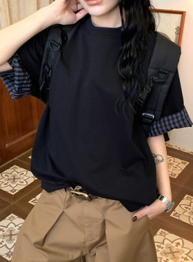 C2自制/美式复古假两件格子翻边短袖T恤男女夏季新款宽松休闲上衣