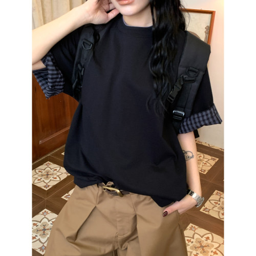 C2自制/美式复古假两件格子翻边短袖T恤男女夏季新款宽松休闲上衣