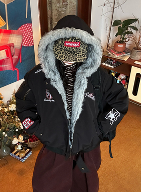 C2自制/美式复古毛领座山雕棉服外套男女同款百搭宽松连帽派克服