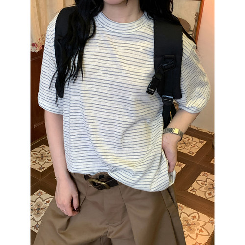 C2自制/复古风条纹圆领T恤女宽松休闲百搭显瘦夏季新款短袖上衣潮