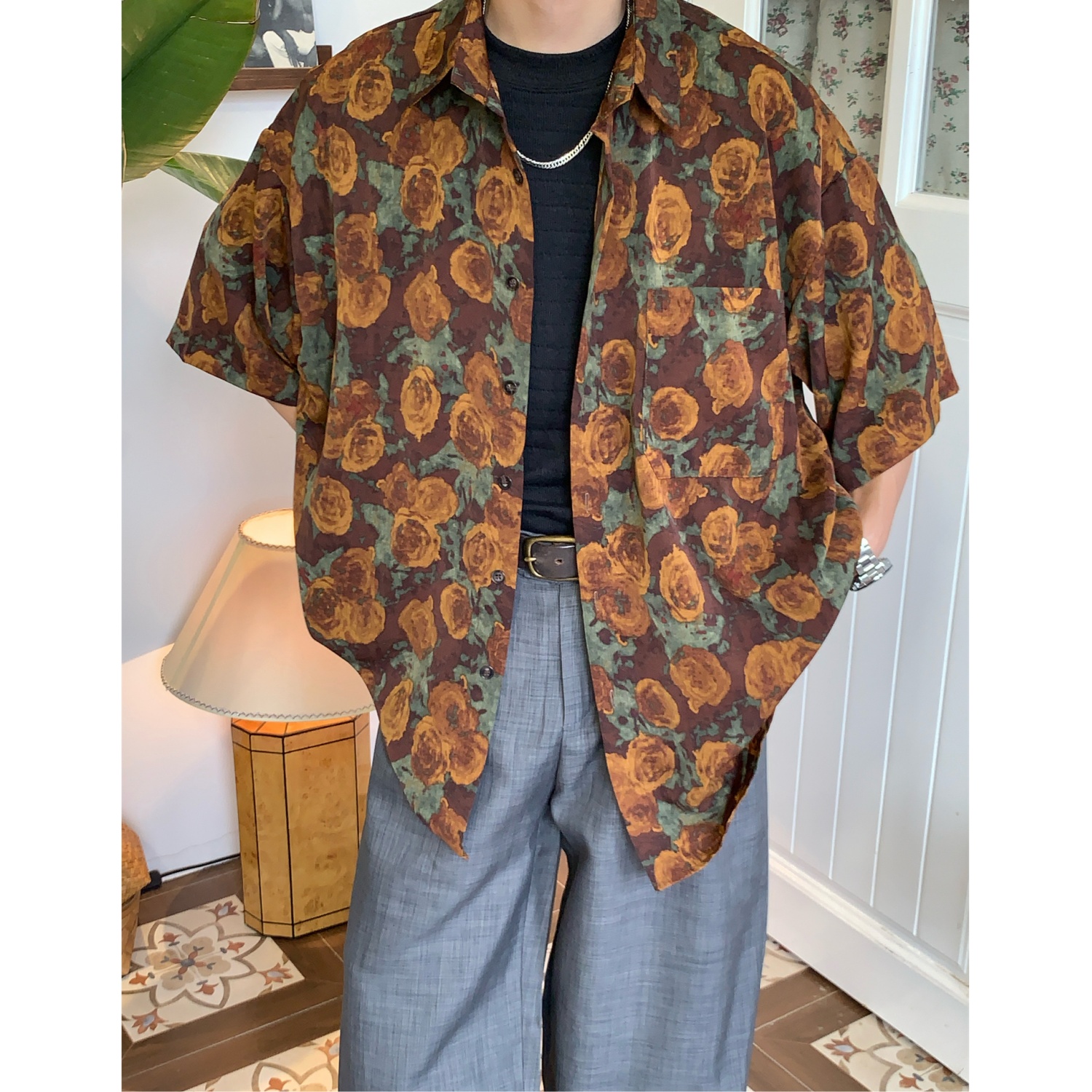 C2原创/港风复古油画印花衬衫女夏季古着感玫瑰花度假风休闲短袖