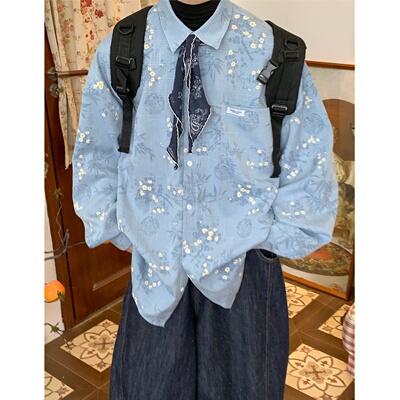 C2自制/花卉满印中式复古衬衫男女同款2025新款设计感小众上衣潮