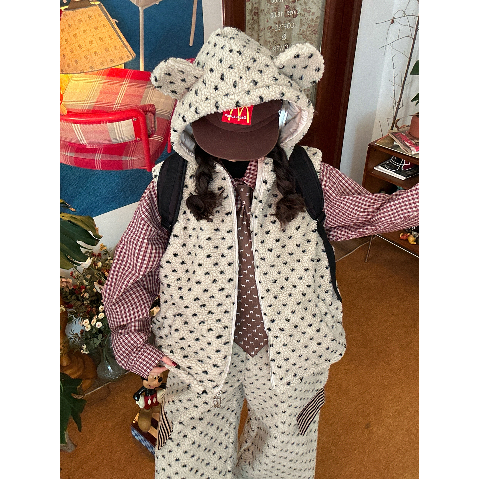 【新品买二送一】小熊耳朵波点羊羔毛马甲棉服女冬季保暖叠穿外套