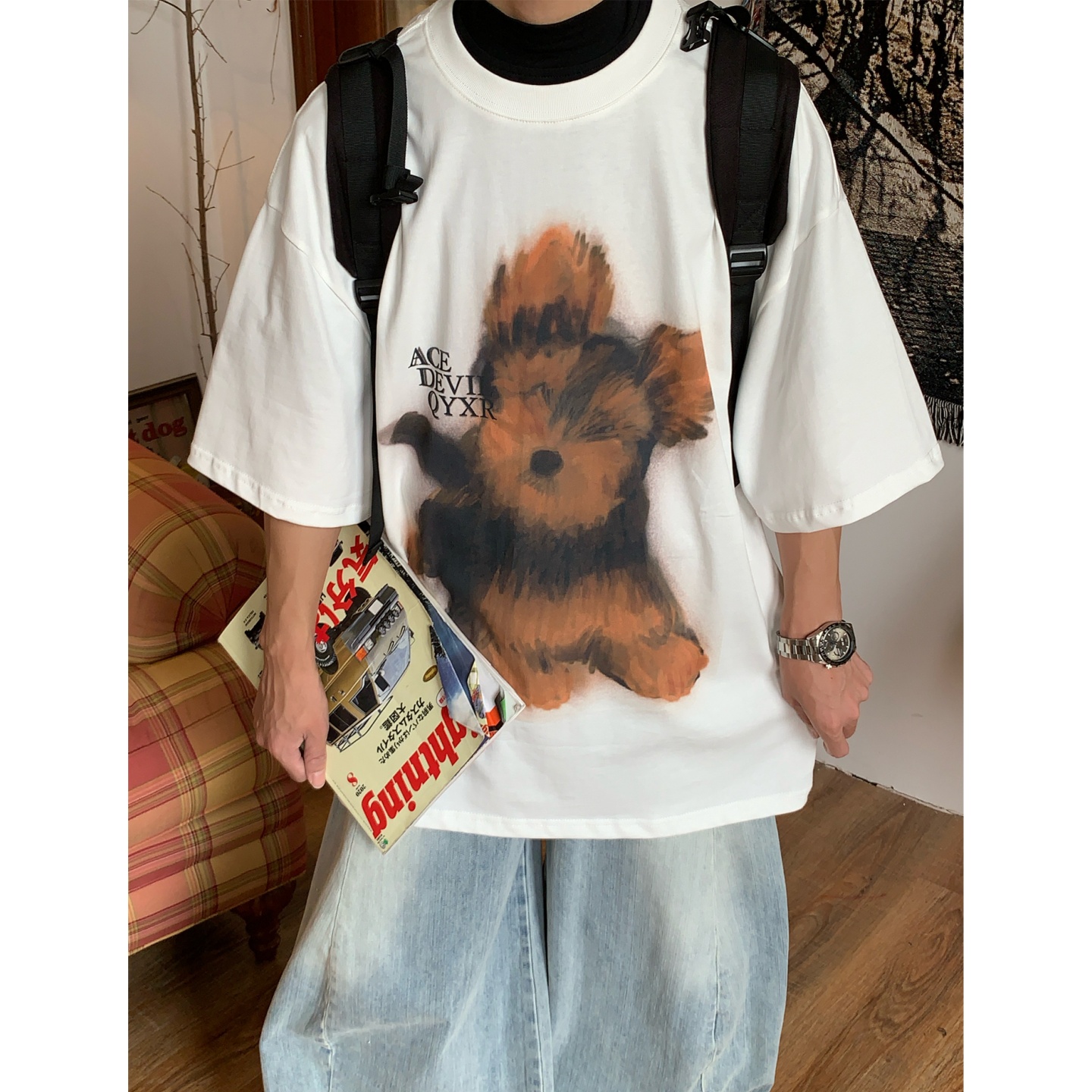 C2自制/美式复古小狗印花短袖T恤男女夏季宽松vintage情侣上衣潮